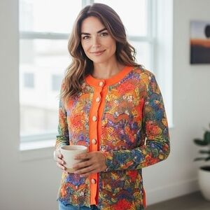 Michael Simon‎ Colorful Cardigan Sweater Crochet Lace Overlay Cotton Sz M NWT